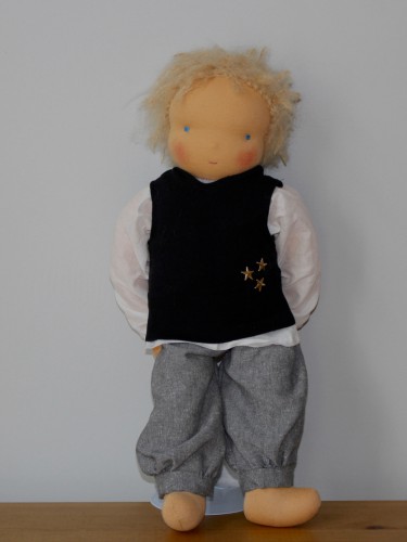 Waldorf doll boy inn black pullunder, blond hair, made by feinslieb