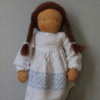 Waldorf doll girl in white embroidered dress, brown hair, made by feinslieb
