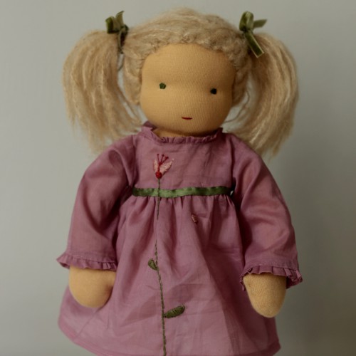 Waldorf doll girl in pink dresss, blond hair, made by feinslieb