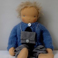Waldorf doll boy, blond hair, with light blue hand-knitted cardigan and trousers, made by feinslieb