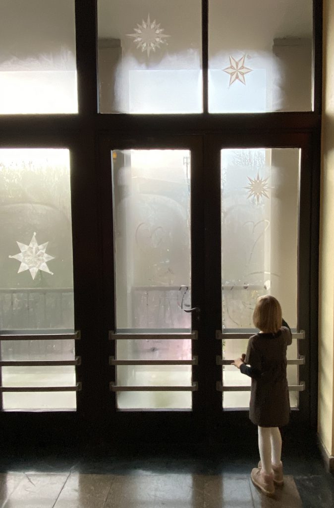 Kind (7) vor nebligem Fenster mit weißen Weihnachtssternen