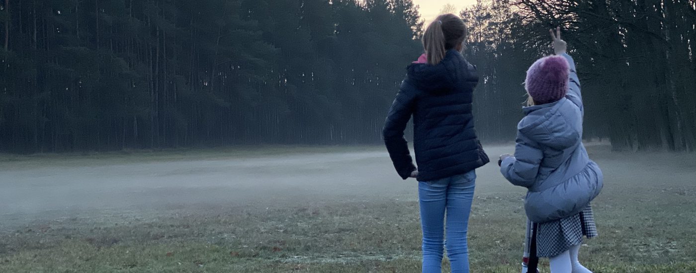 2 Kinder mit Roller vor einer Wiese mit Bodennebel