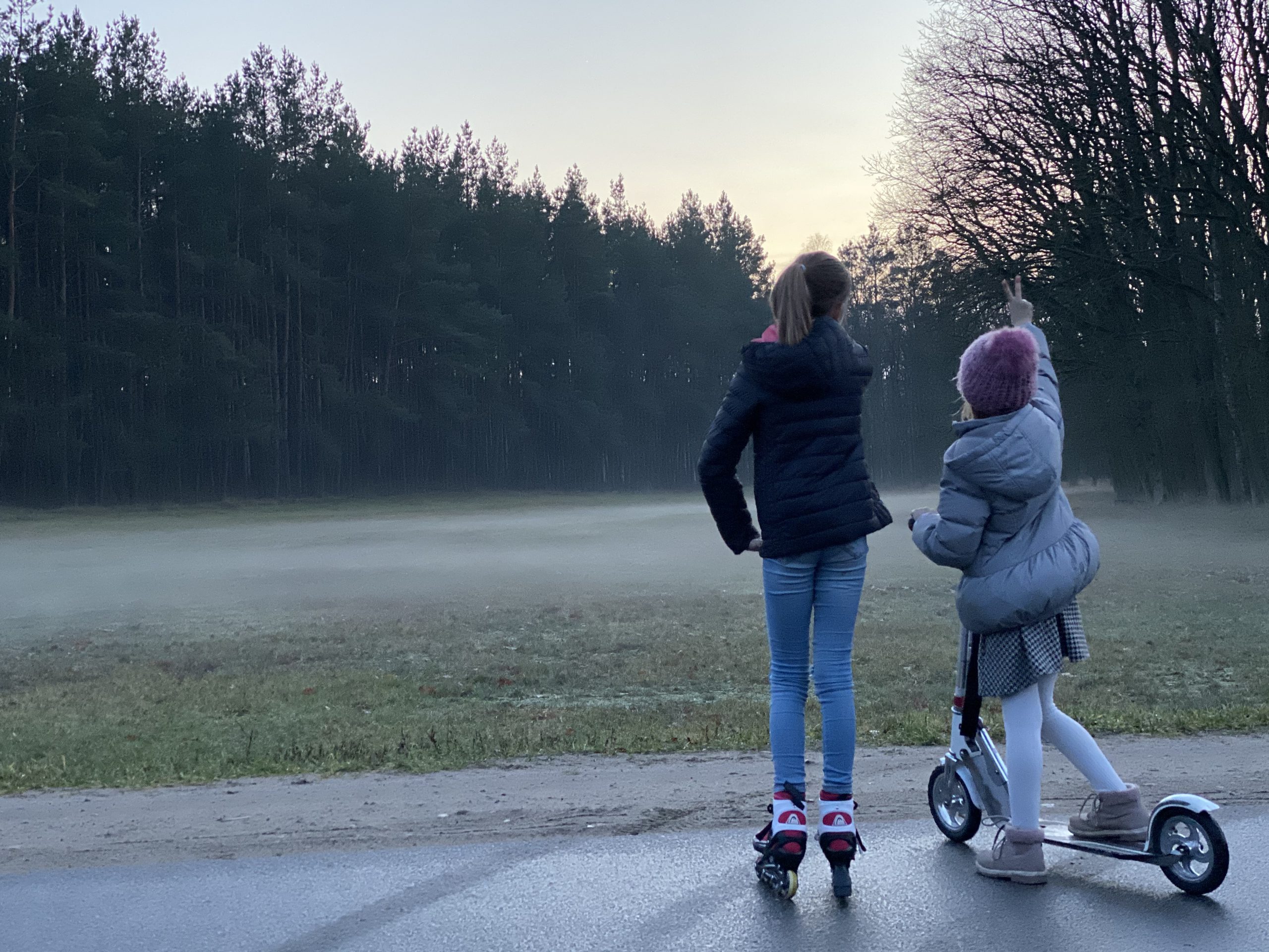 2 Kinder mit Roller vor einer Wiese mit Bodennebel
