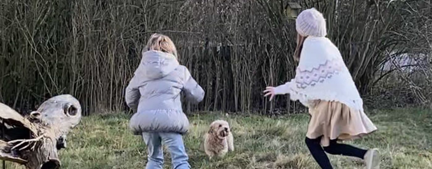 Zwei Kinder von hinter spielen mit Hund auf Winterlicher Wiese