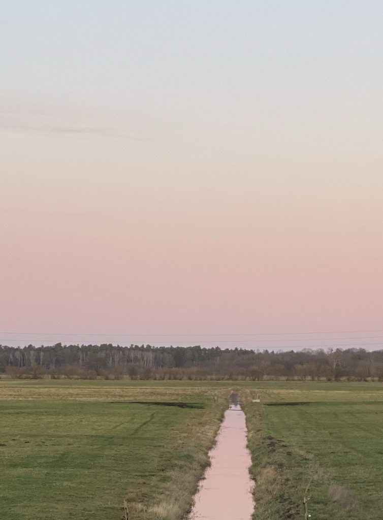 rosa beleuchteter Graben auf flachem Feld mit rosa Himmel