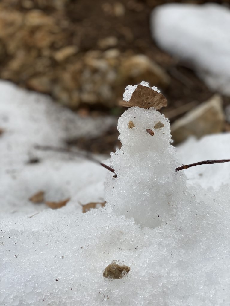 Kleiner Schneemann mit Blätterhut und Zweigen als Arme