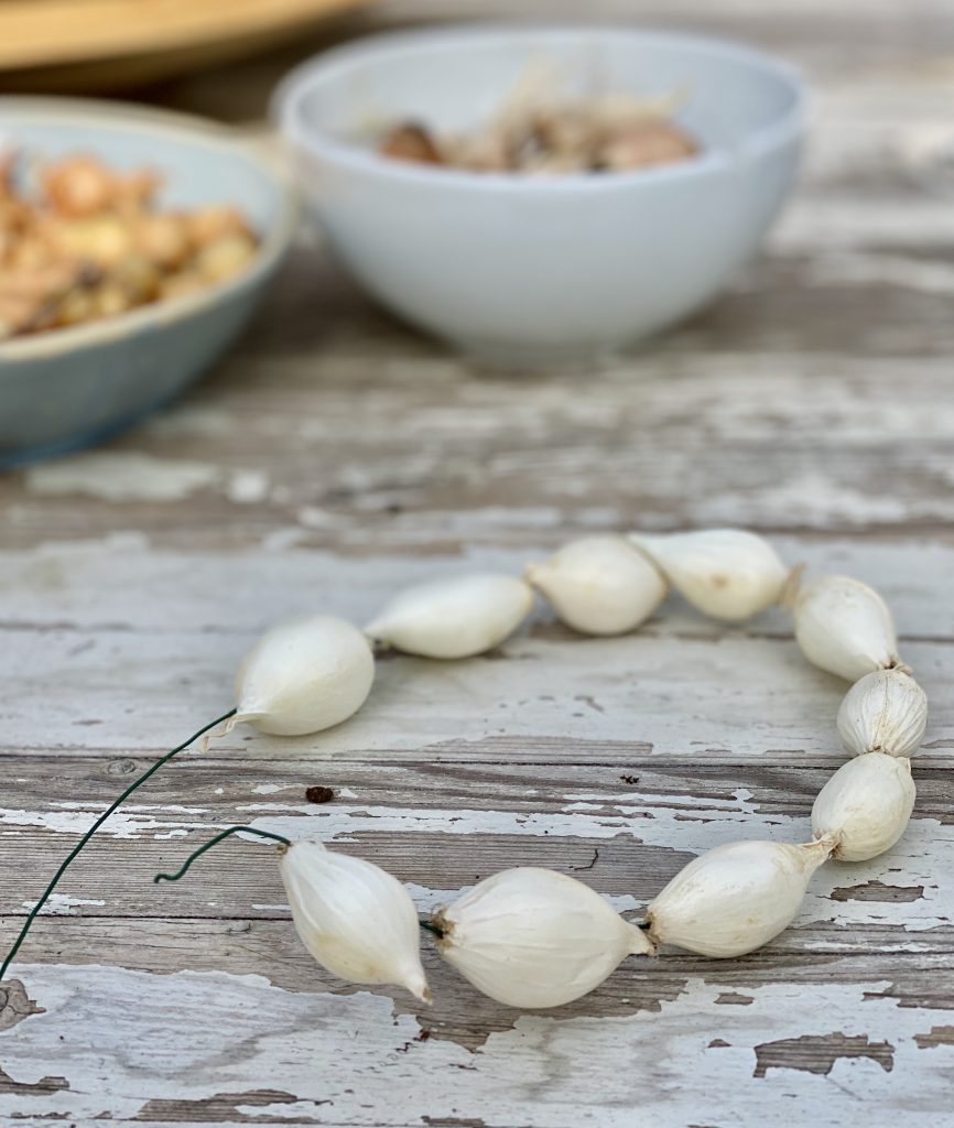 kleiner weißer Steckzwiebel-Kranz auf Gartentisch