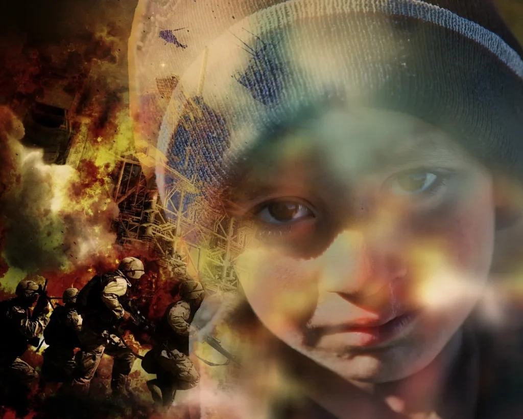 Hilfebedürftiges Kind mit Mütze vor Kriegsszenario
