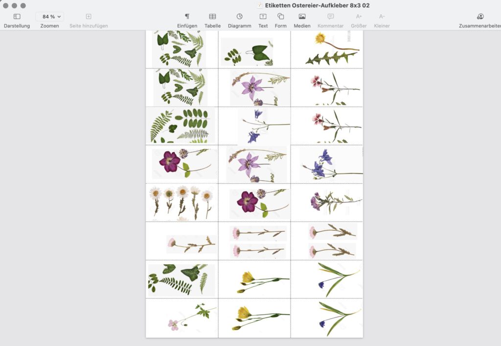 Ostereier mit Blumen verzieren: Hier geöffnetes Dokument mit eingefügten Fotos von gepressten Blumen