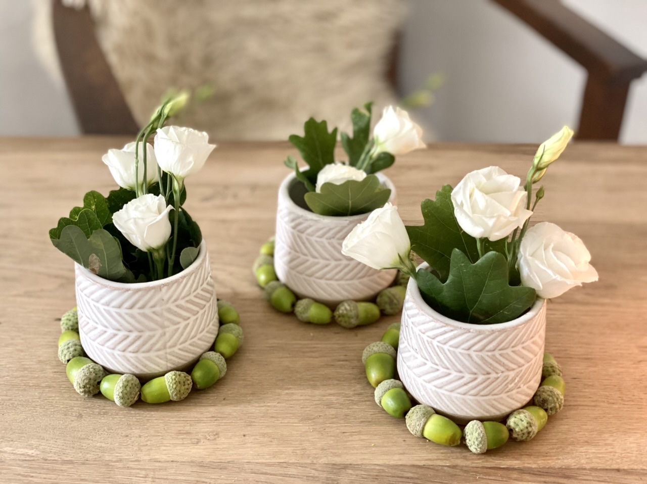 Basteln mit grünen Eicheln Idee 2: Drei Kränze aus "hintereinander liegenden" grünen Eicheln um drei Väschen mit Lysianthus-Blüten