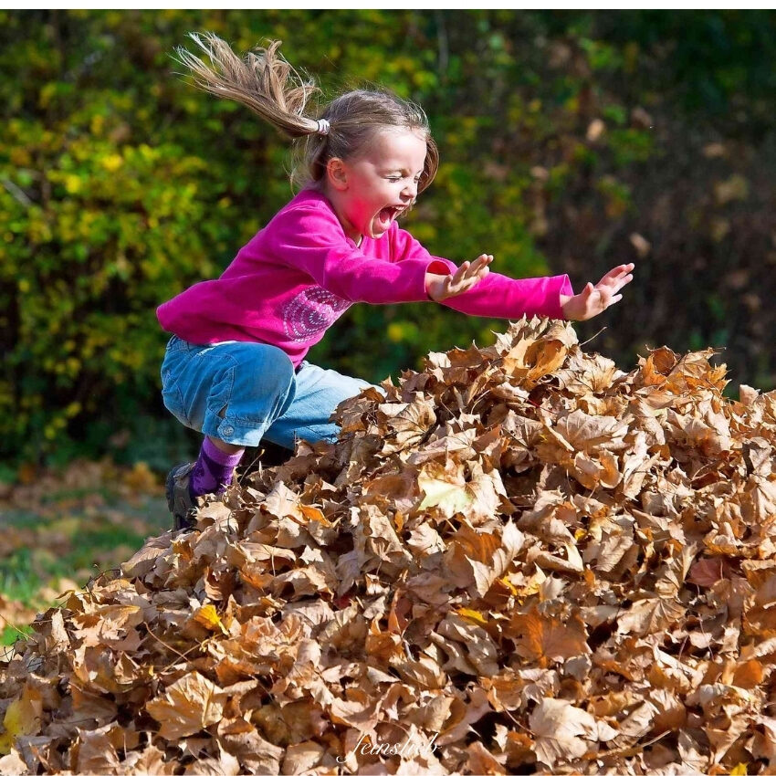 Oktober mit Kindern - Ideen: Kind springt in Blätterhaufen