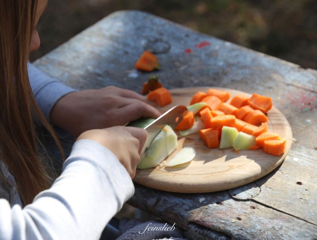 Kinderhände schnippeln Kohlrabi und Möhren auf Brett auf Holzhocker im Garten (nah)
(September Ideen für Aktivitäten mit Kindern) - draußen kochen