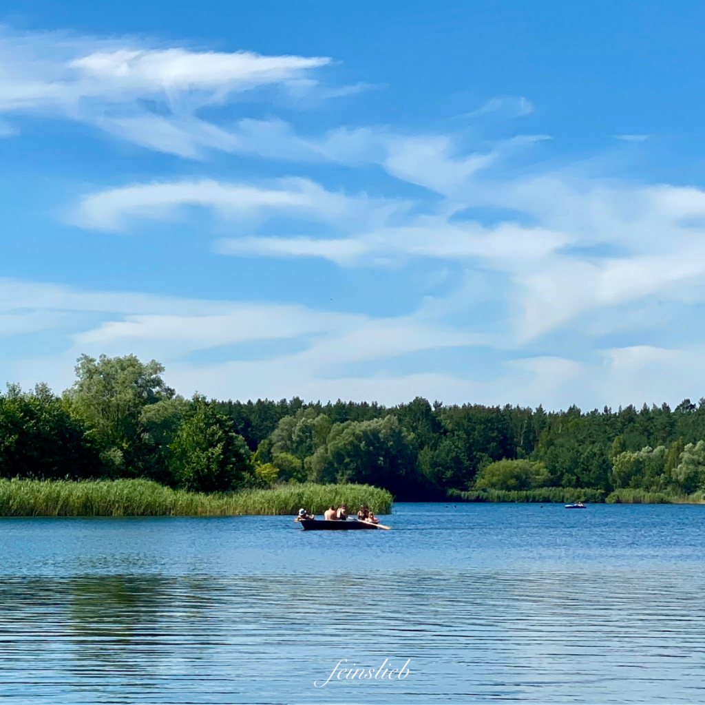 See im Juli mit Wald dahinter, mitten auf dem See ein Ruderboot mit 5 Leuten drin, die entspannt aussehen